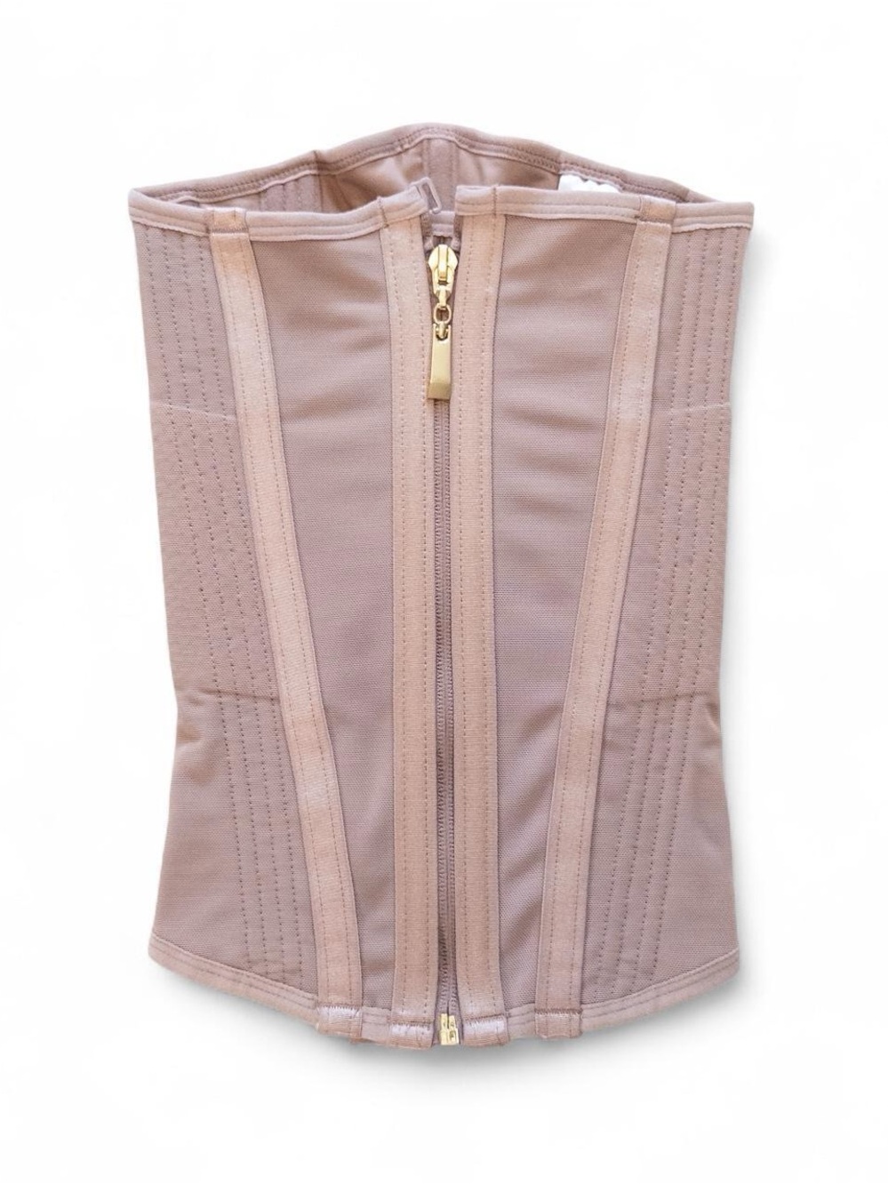 Nude Mesh Waist Trainer Corset Gold Zip and Hook Closure Boned Shapewear